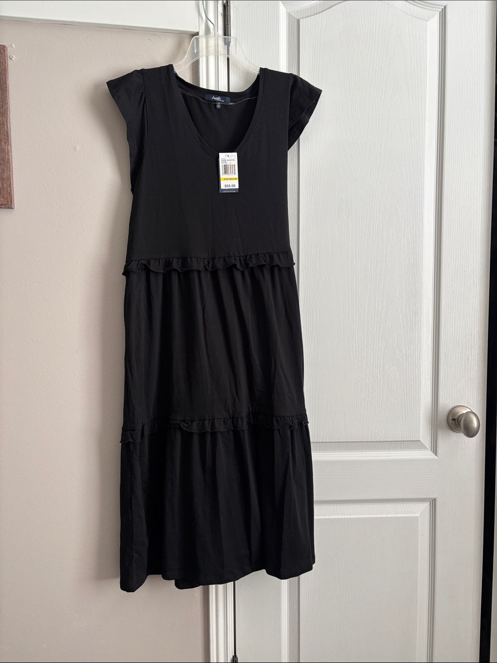 Net Black V-Neck Cap Sleeve Ruffle Tier Midi Dress